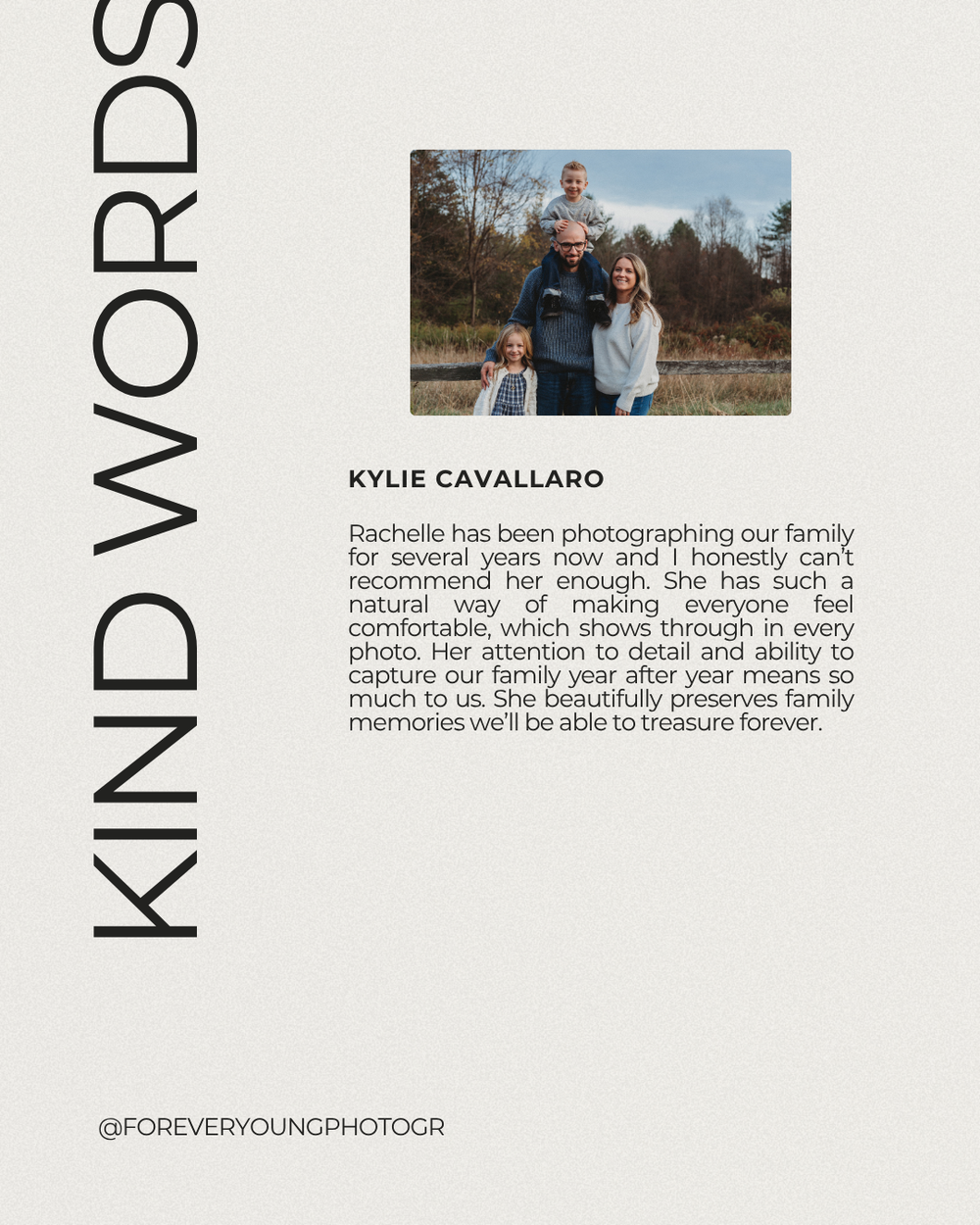 Kind Words review from Kylie Cavallaro highlighting Rachelle's family photography skills and memories.