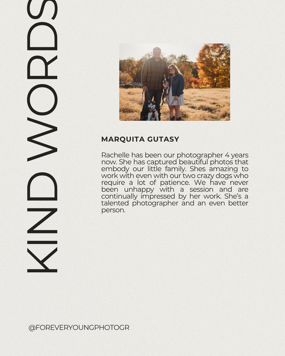 Kind Words testimonial from Marquita Gutasy praising Rachelle's family photography over four years.