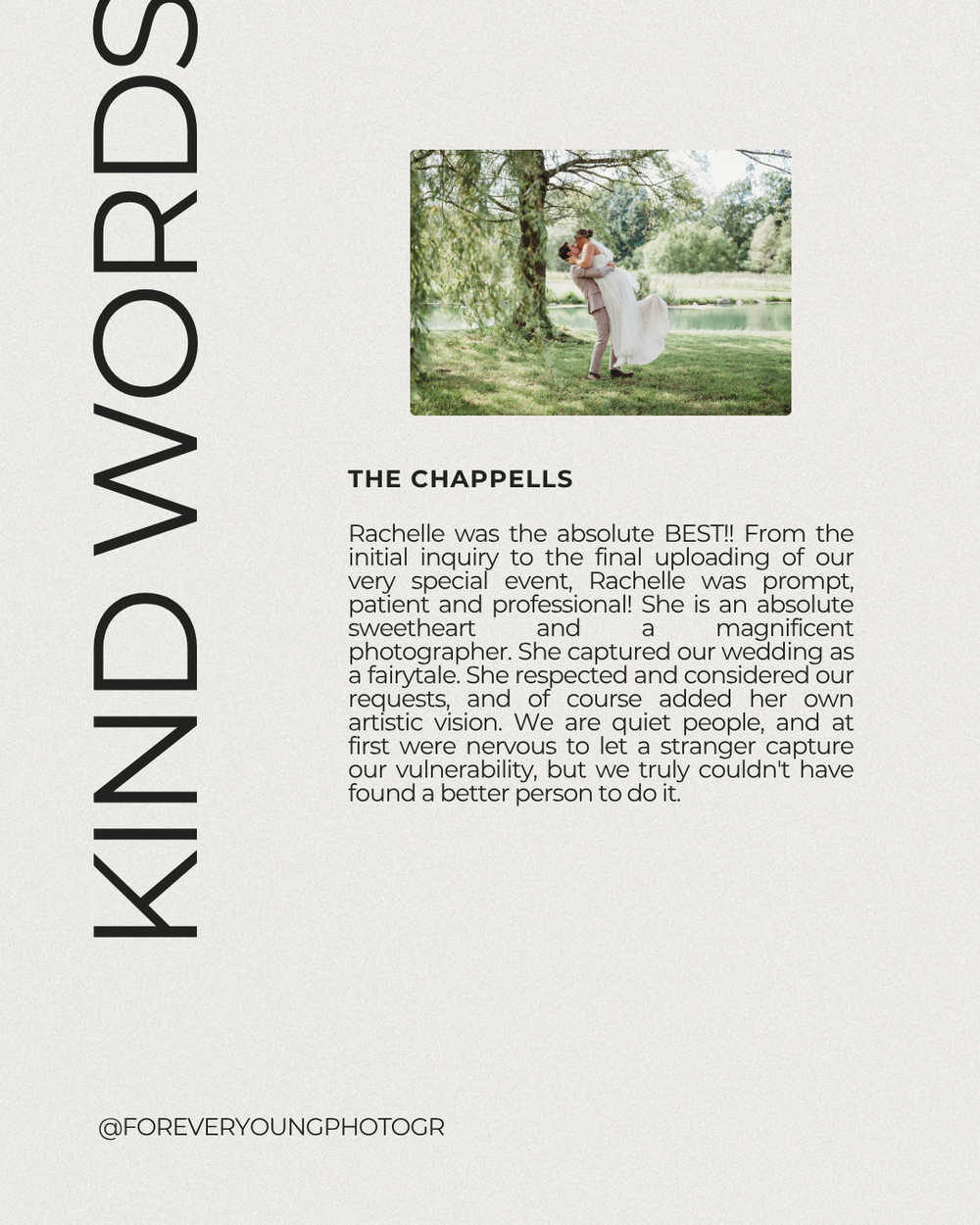Kind Words wedding review from The Chappells praising Rachelle's professional photography services.