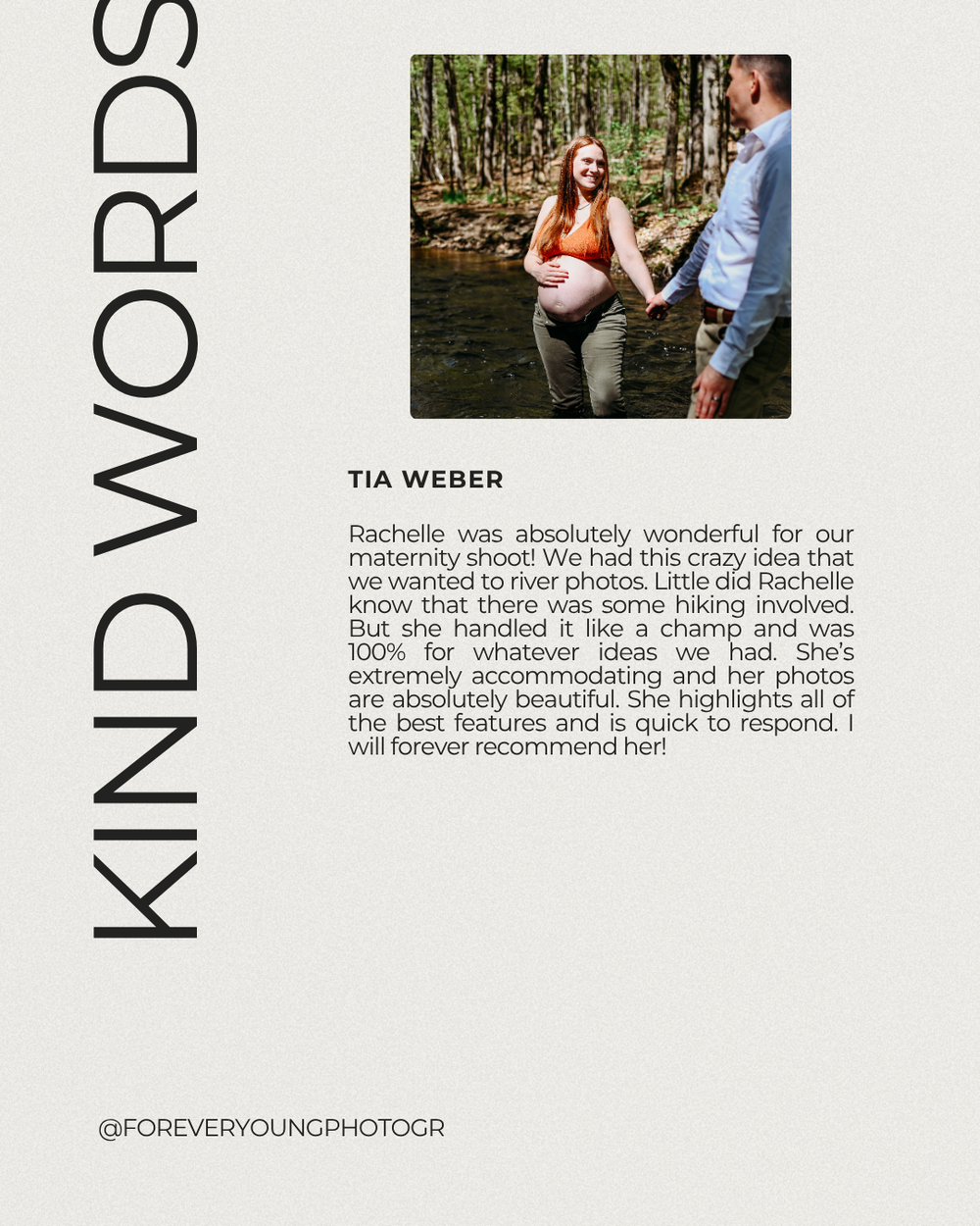 Kind Words testimonial from Tia Weber praising Rachelle's maternity shoot photography skills.