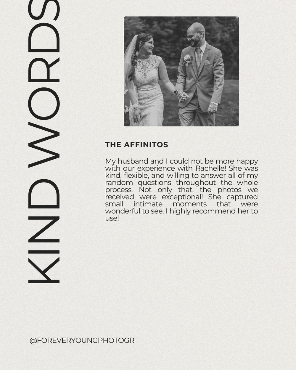 Kind Words wedding testimonial from The Affinitos highlighting Rachelle's exceptional photography skills.