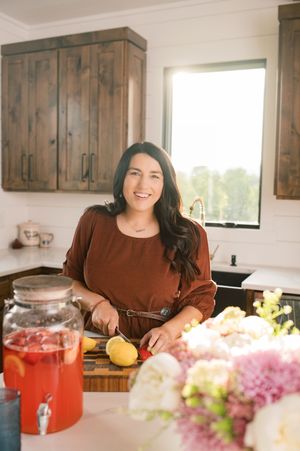 A sequence of photos showing someone preparing food in a bright kitchen with wooden cabinets and pink flowers.