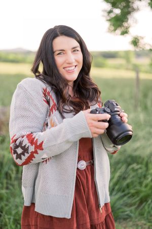 A series of photos showing someone wearing a brown top and gray cardigan holding a camera outdoors.