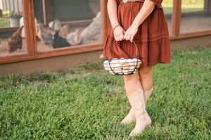A person in a rust-colored dress sits on a wooden porch railing with grass and trees in the background.