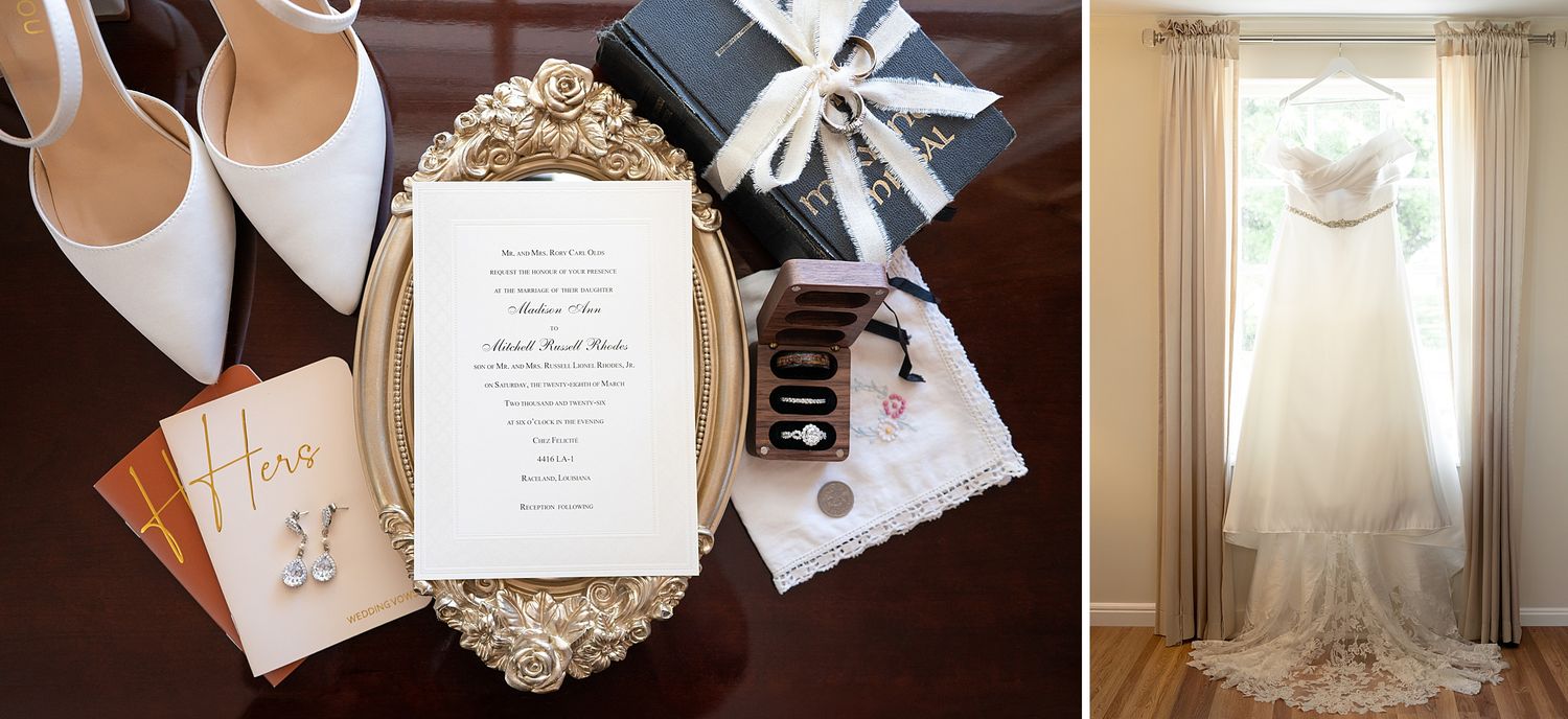 Wedding flat lay with gold tray, invitation, white heels, and accessories beside a bridal gown hanging by a sunlit window.