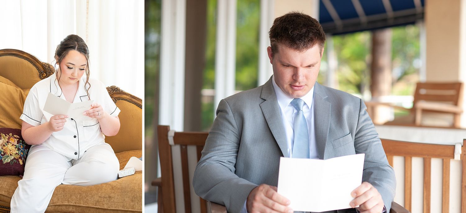 Bride in white dress reads a letter while groom in gray suit reviews vows before their wedding ceremony.