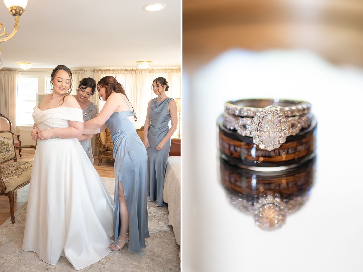 Bride being helped into white wedding gown by bridesmaids in blue dresses, alongside a close-up of diamond wedding ring set.