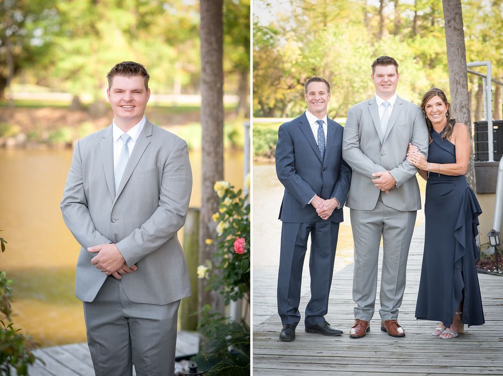 Man in gray suit poses outdoors near water, while a family of three in formal attire smiles together on a wooden dock.