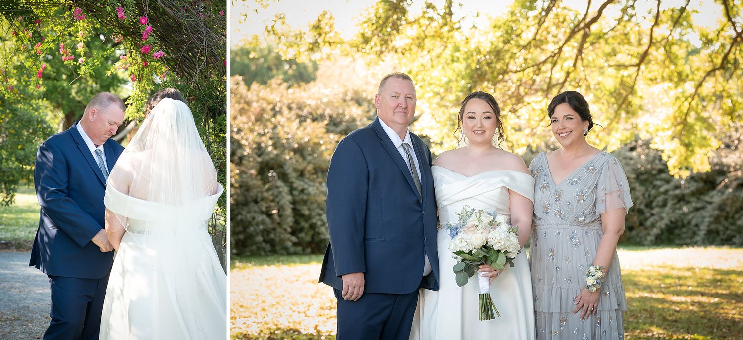A bride and groom share a tender moment outdoors, while a family portrait shows the couple with a woman in a gray gown.