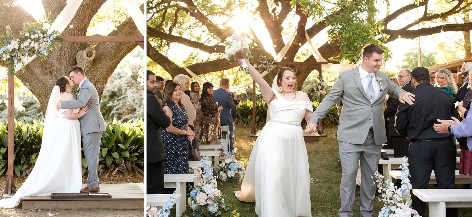 Couple celebrates outdoor wedding ceremony under large oak tree with guests cheering.