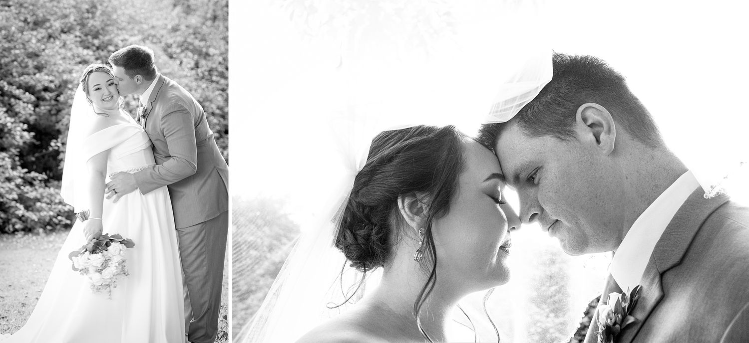 Black and white wedding portrait of bride and groom sharing tender moments, bride holding bouquet in elegant gown.
