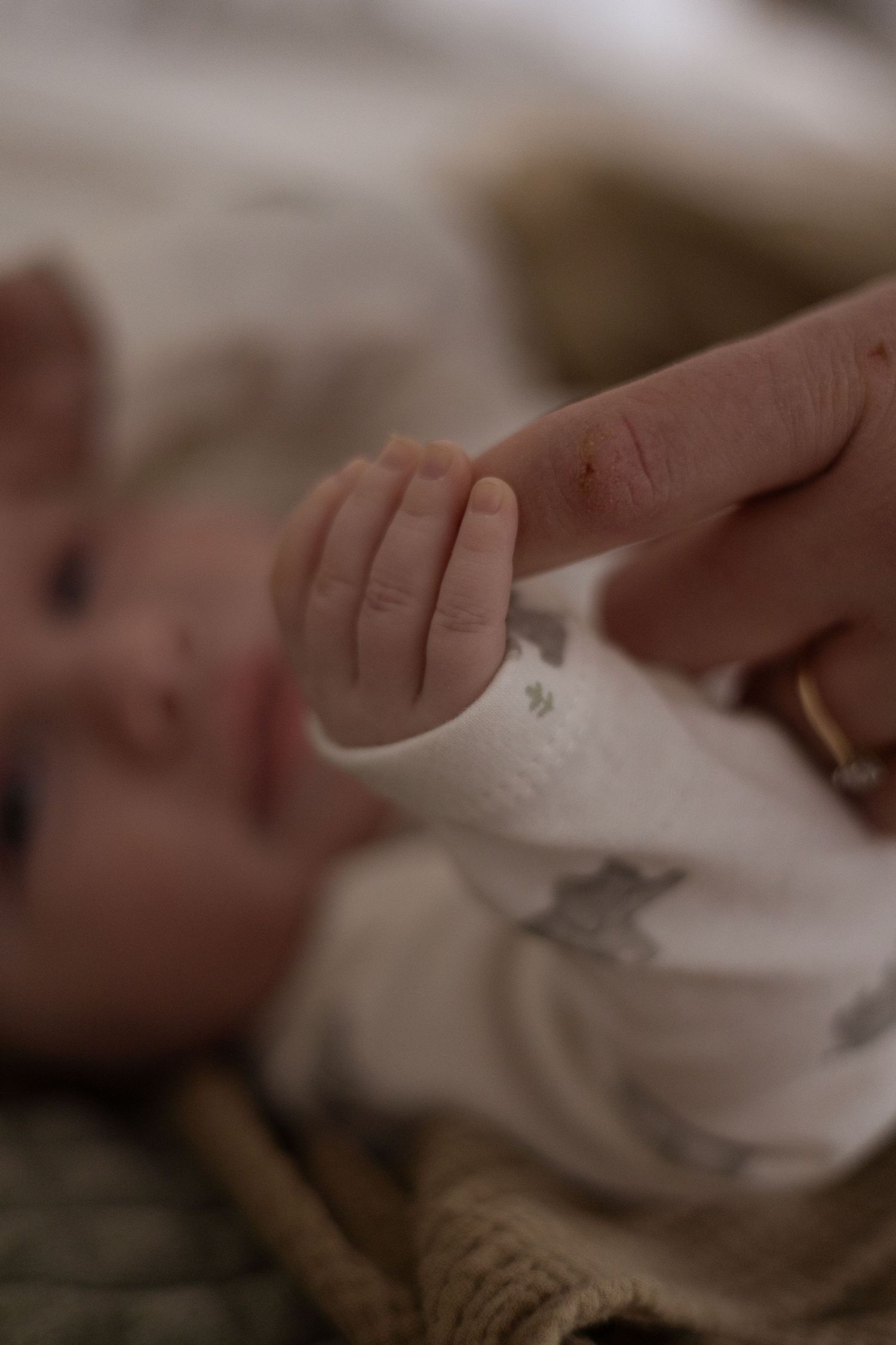 A tiny baby's hand reaches out to touch an adult's finger in a tender moment captured in soft focus.