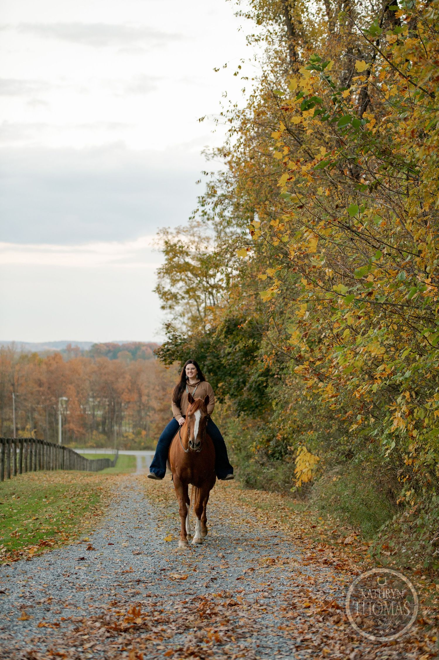 A horse and rider gallop along a gravel path surrounded by golden autumn trees.