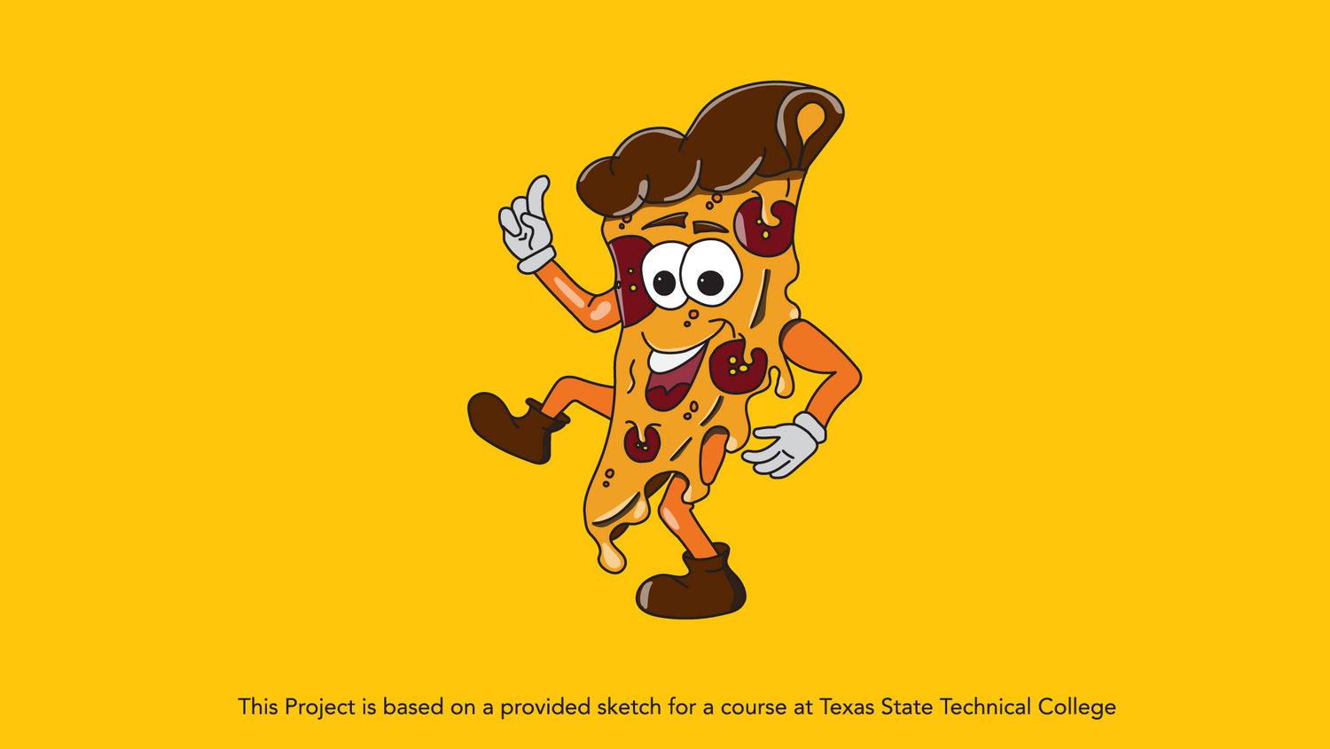 Animated pizza slice mascot character on bright yellow background.