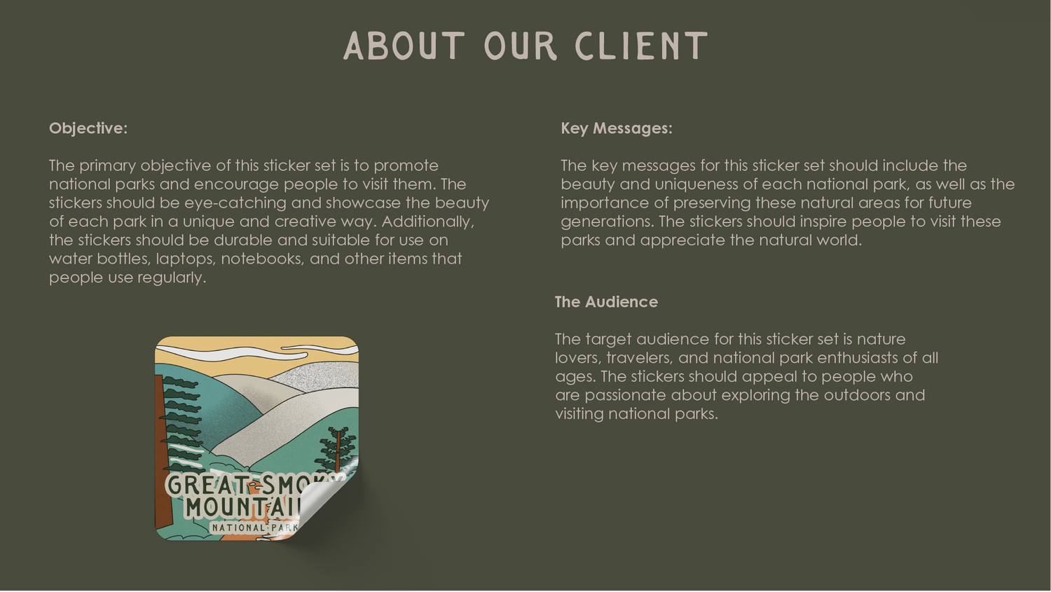 Green marketing slide showing mountain illustration and client objective text.