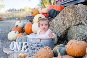 Baby sitting in vintage milk can surrounded by pumpkins and hay bales with ONE sign.