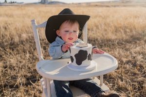 Rustic outdoor cake smash photography setup in golden wheat field.