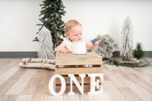 Winter themed photo setup with miniature trees and wooden elements on light floor.