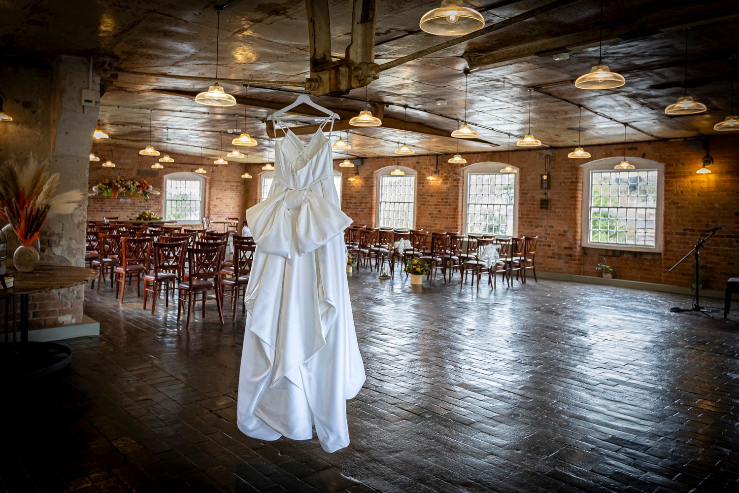 Wedding dress hanging in the marriage room at the West Mill Derby