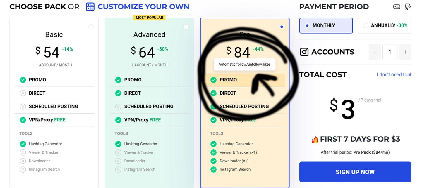 Pricing plan comparison chart showing different tiers and payment options.