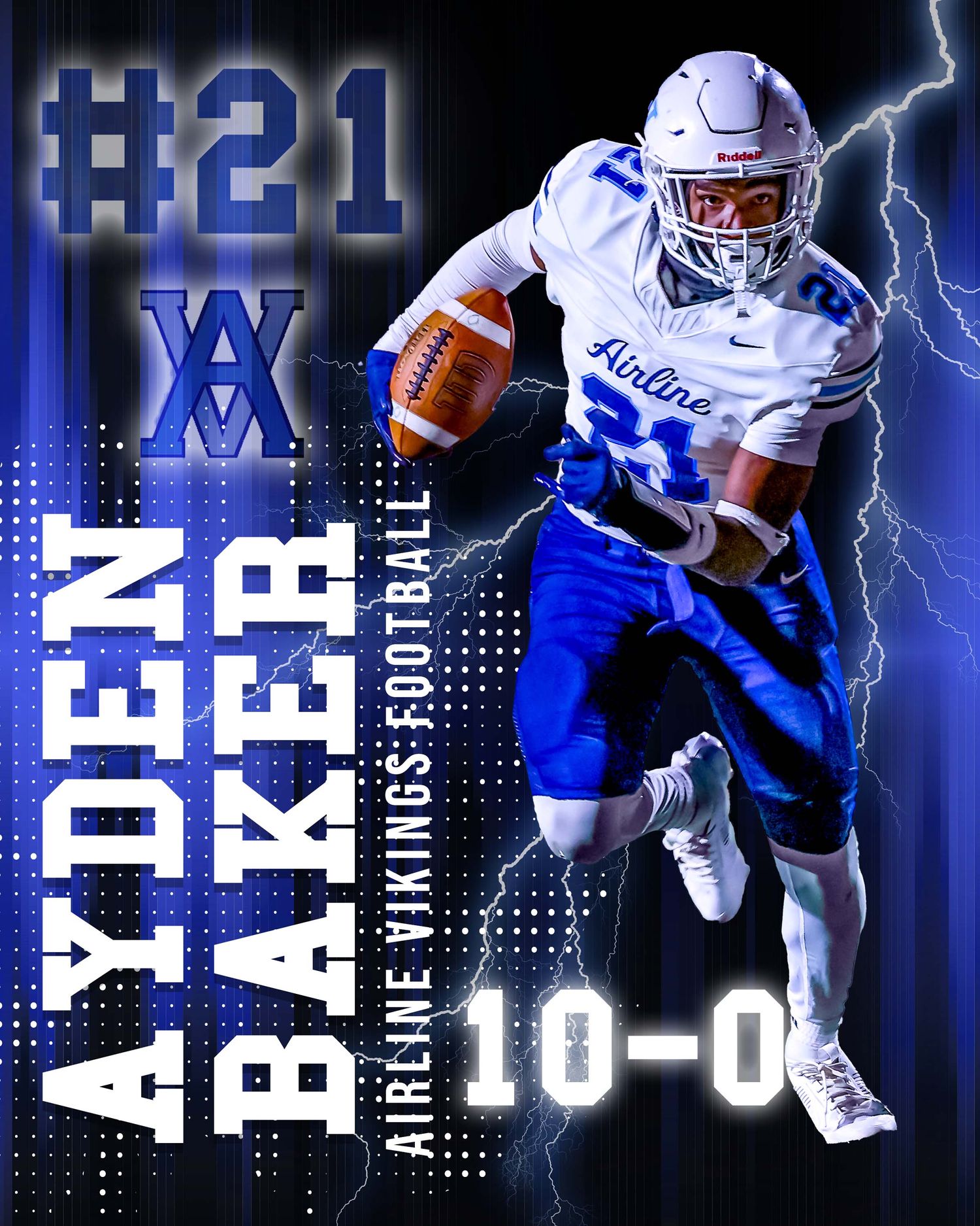 High school football player design featuring lightning effects and digital elements in blue and white team colors.