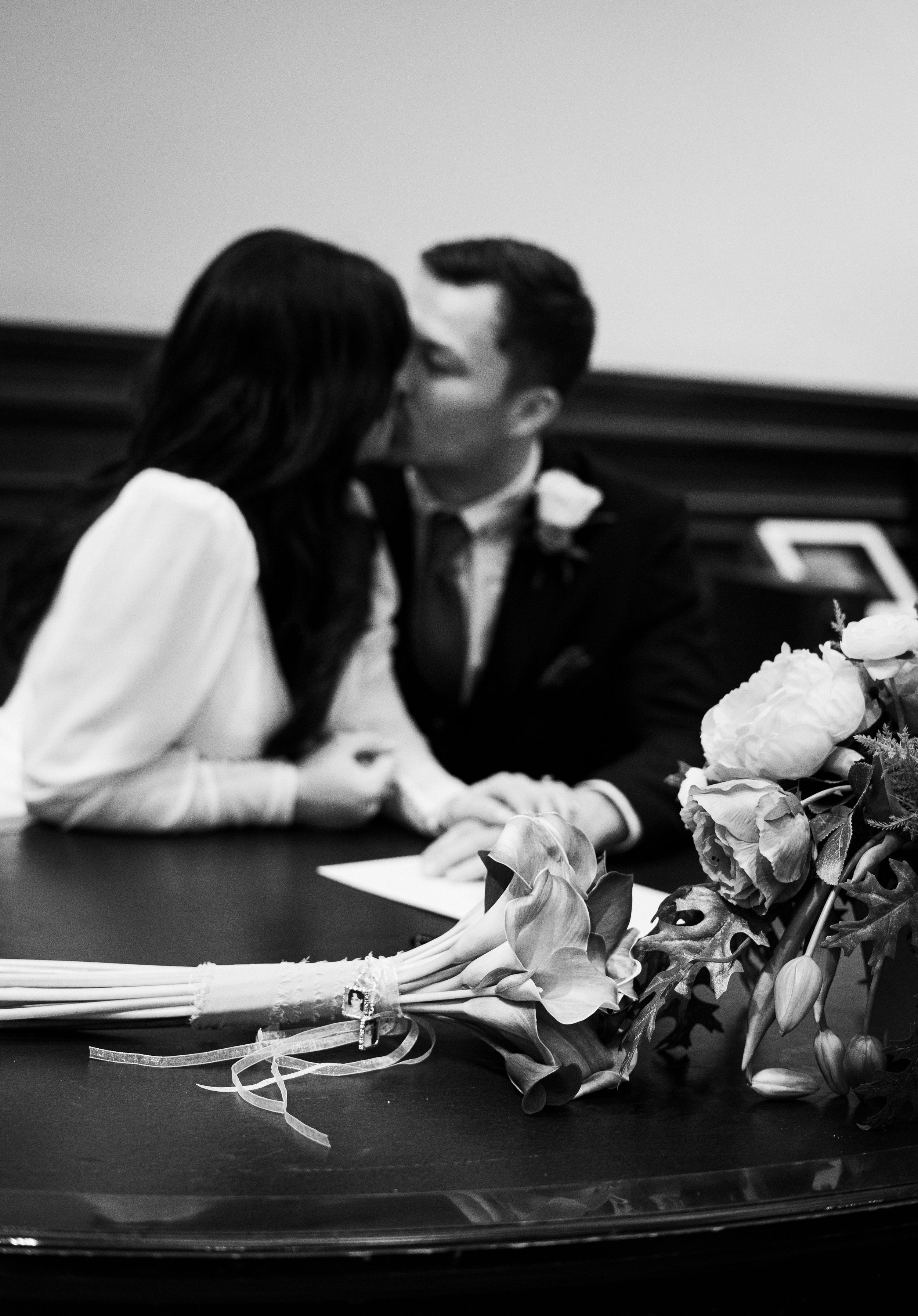 Black and white, Liverpool wedding, ceremony photography, alternative wedding, registry office wedding, first kiss