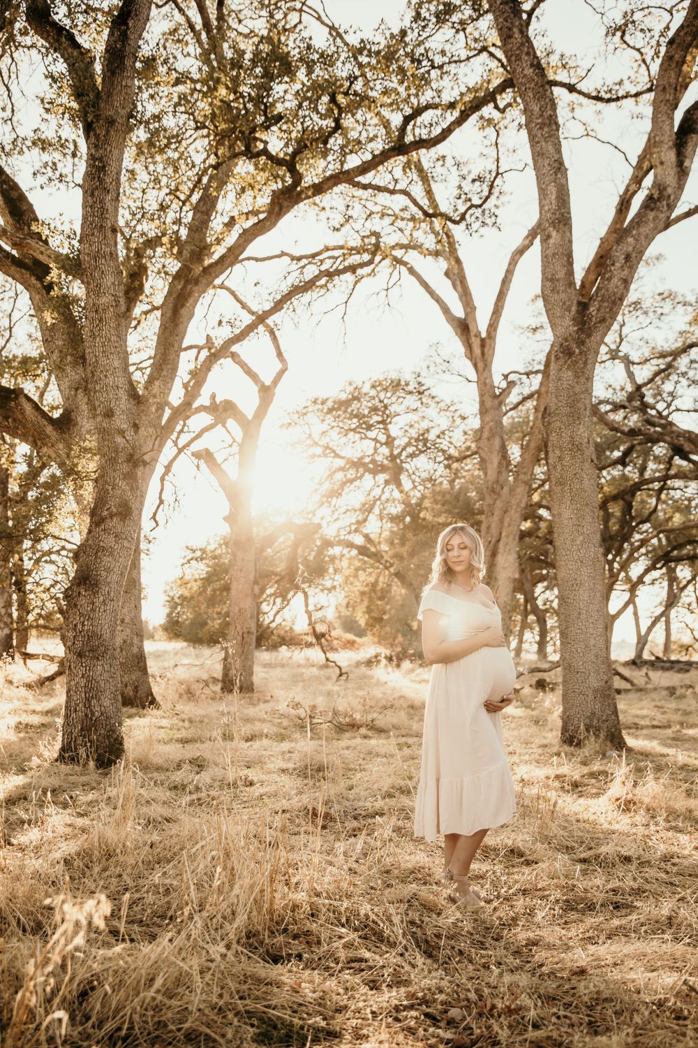 Full length maternity photo with sunburst through oak trees in rustic field setting.