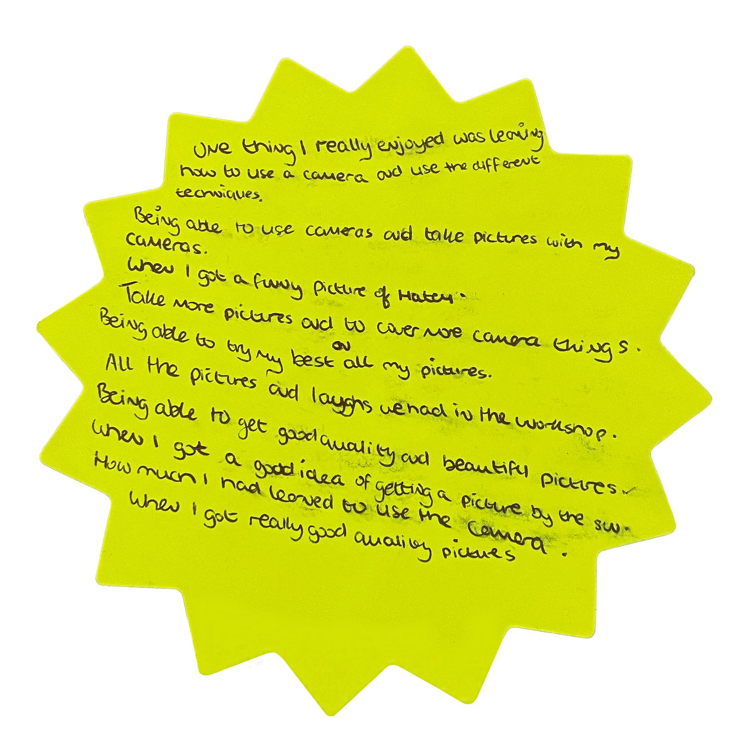 Handwritten notes on bright yellow star-shaped paper.
