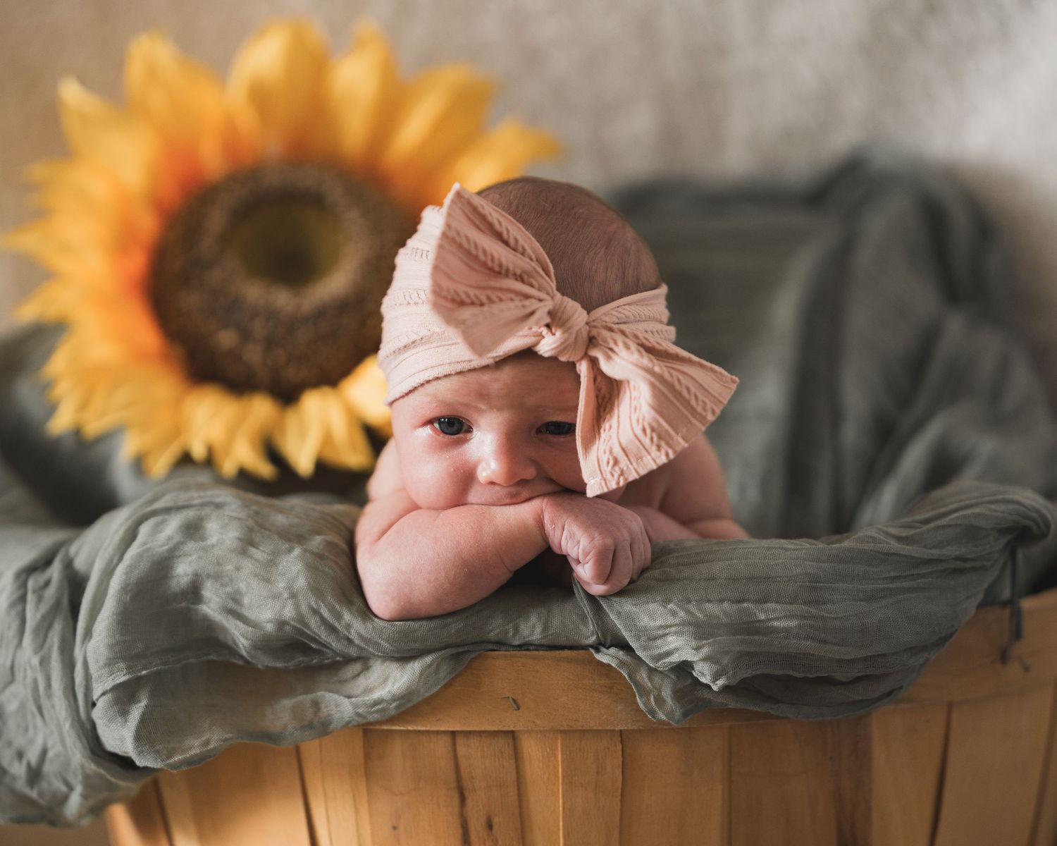 A baby wearing a pink bow lies on a gray blanket next to a bright sunflower.