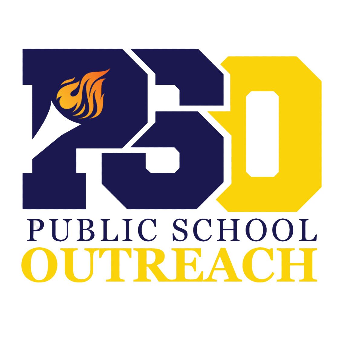 Public School Outreach logo in navy blue and yellow with flame icon.