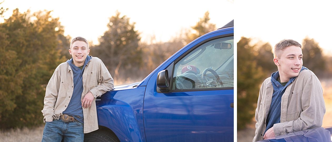 Senior guy portrait session in a late winter field and with his car by Kristi Bray Photography