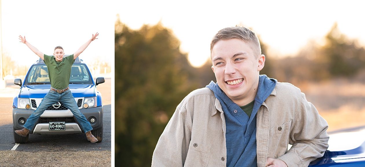 Senior guy portrait session in a late winter field and with his car by Kristi Bray Photography