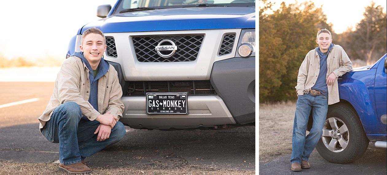 Senior guy portrait session in a late winter field and with his car by Kristi Bray Photography