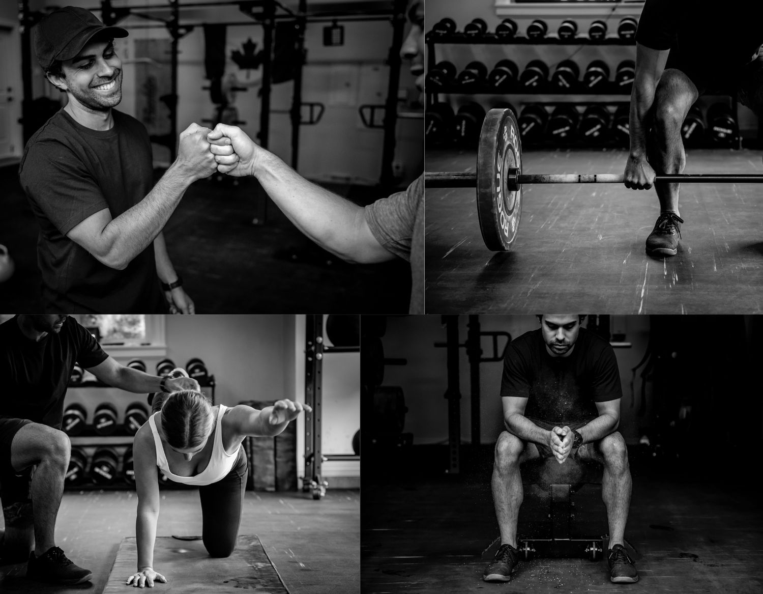 Black and white collage of fitness training moments showing various exercise positions and equipment.