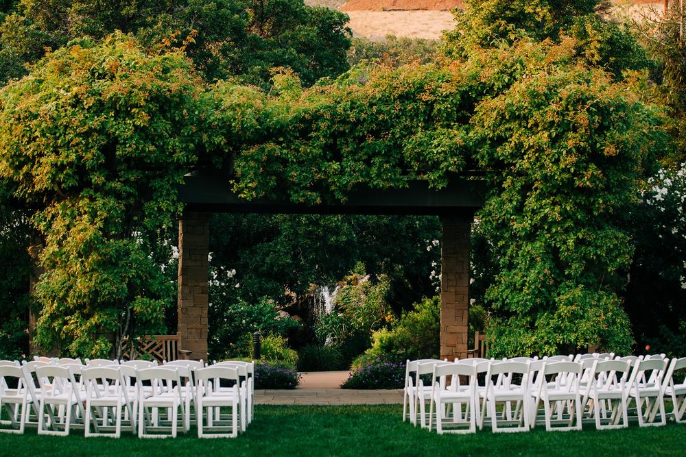 White wedding chairs arranged in rows beneath a lush garden pergola covered in green foliage.