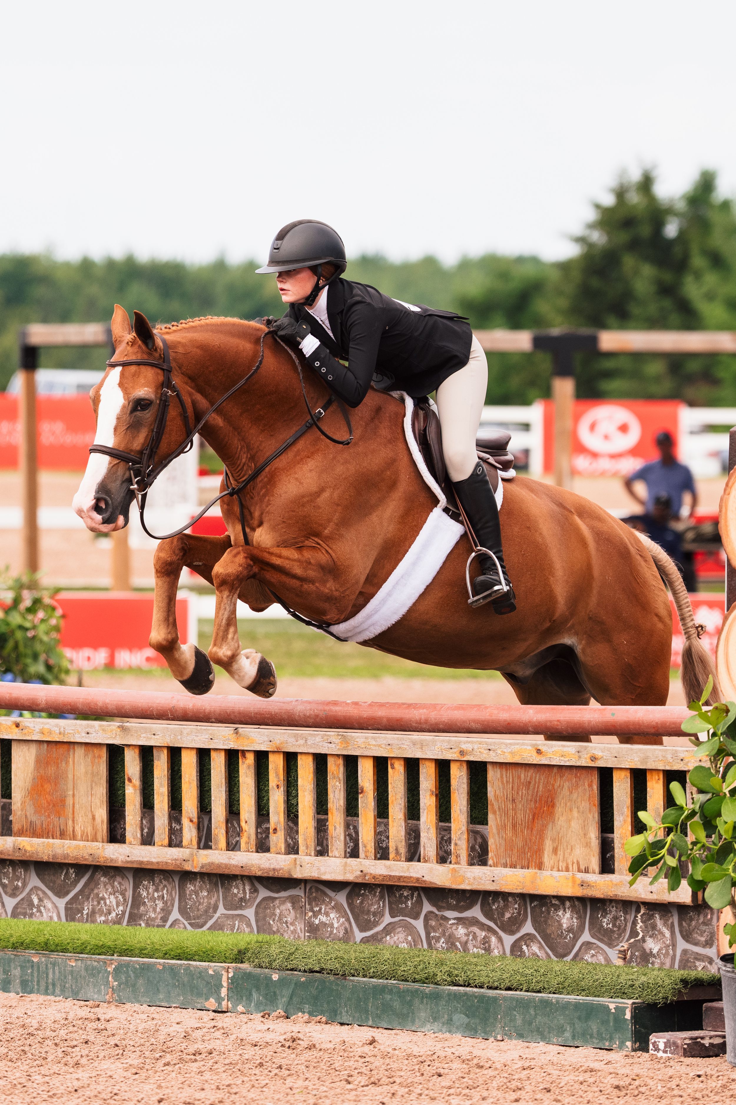 Equestrian rider in black jacket jumping a chestnut horse over a fence at an outdoor show jumping competition.