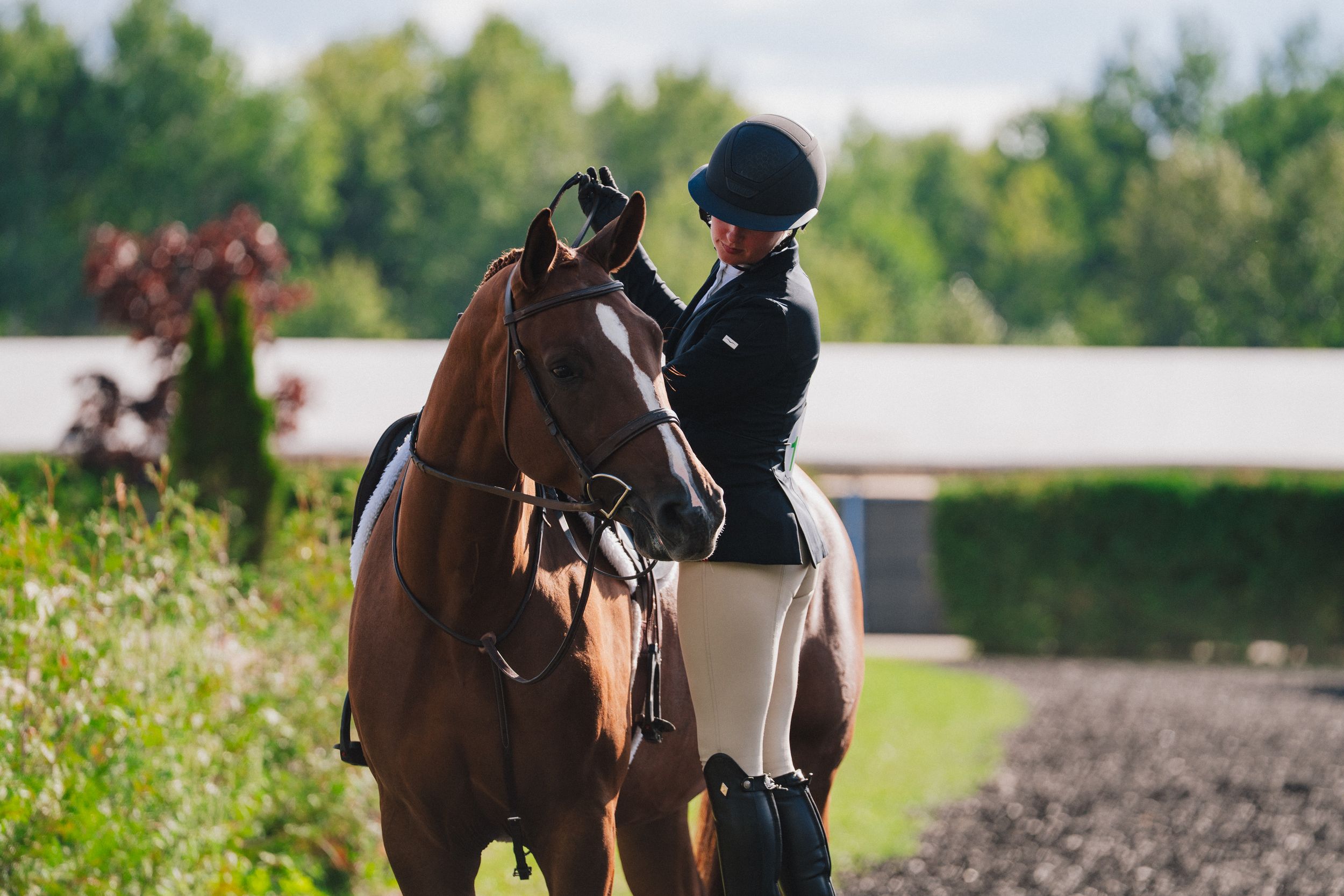 Equestrian in dressage attire riding a chestnut horse through an outdoor arena during training session.