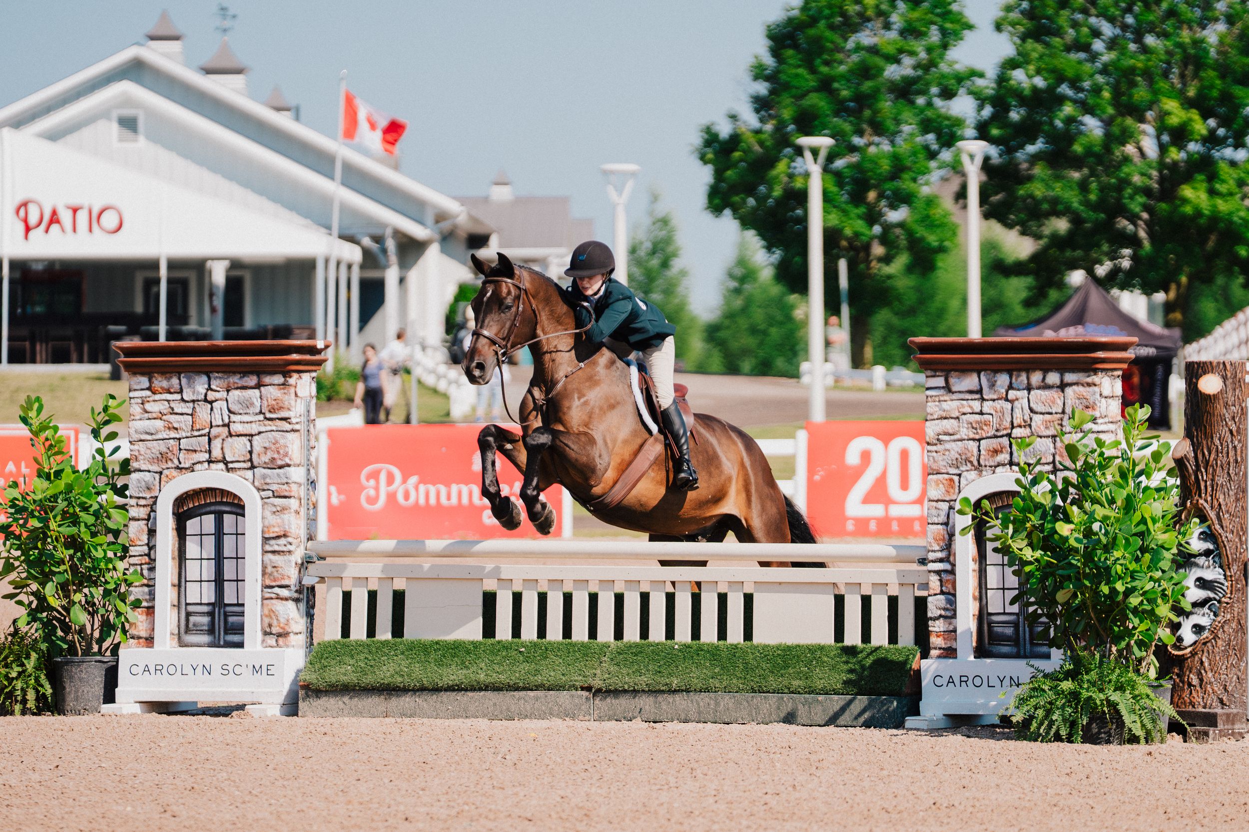 An equestrian jumps over a course obstacle at an outdoor competition with red and white fencing and trees in background.