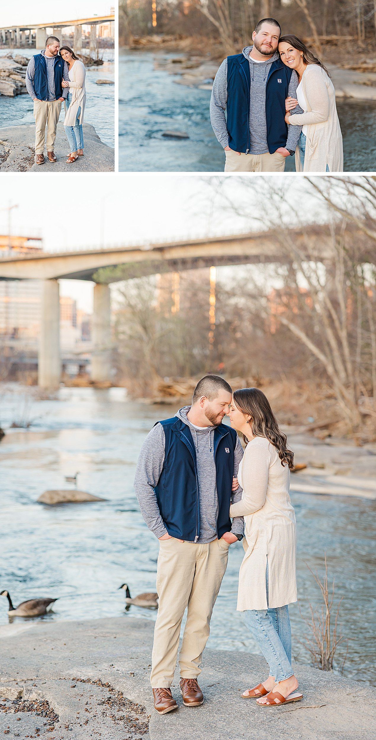 A couple shares intimate moments by a river on a winter afternoon with ducks swimming nearby in soft golden light.
