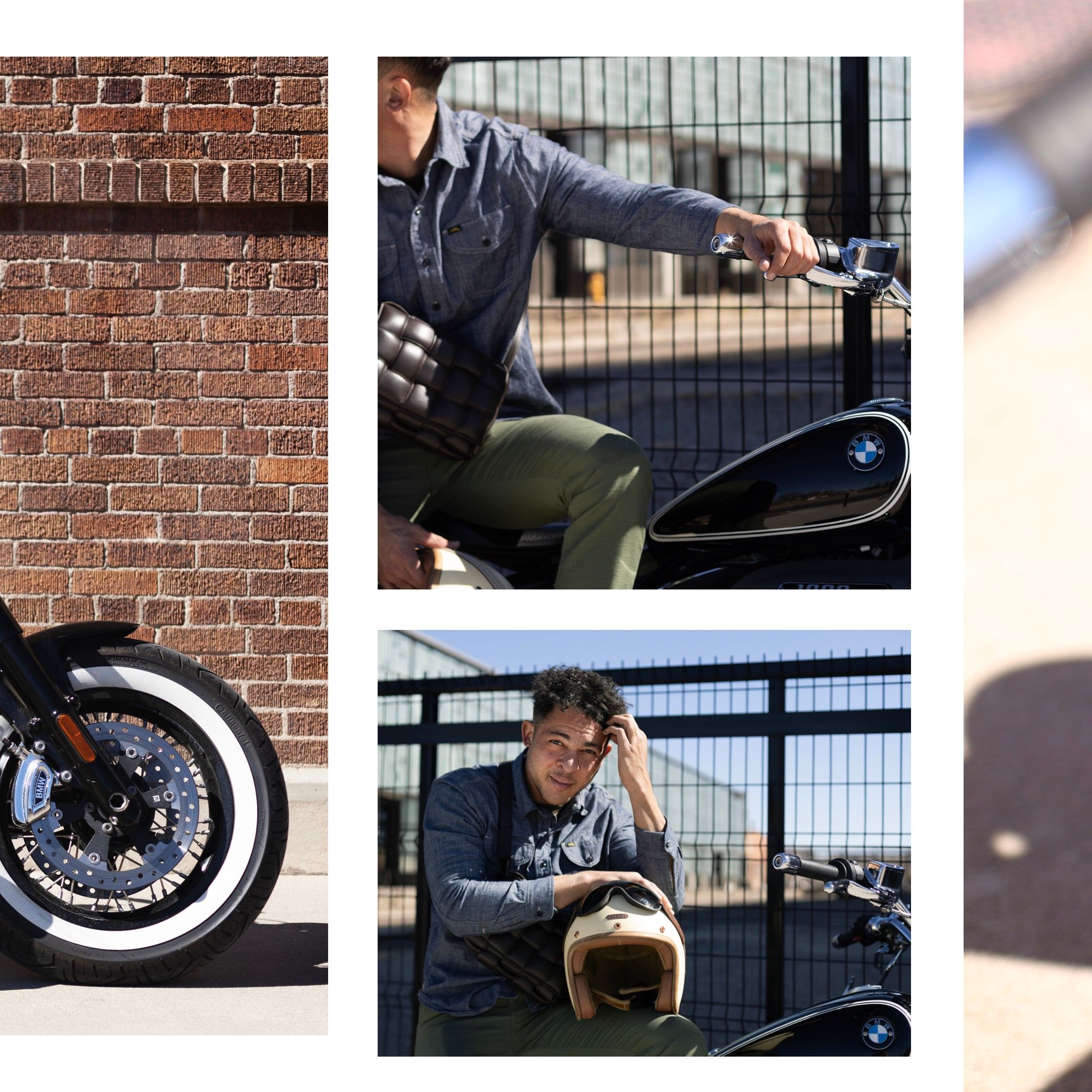 A collage of motorcycle detail shots against brick wall backgrounds.