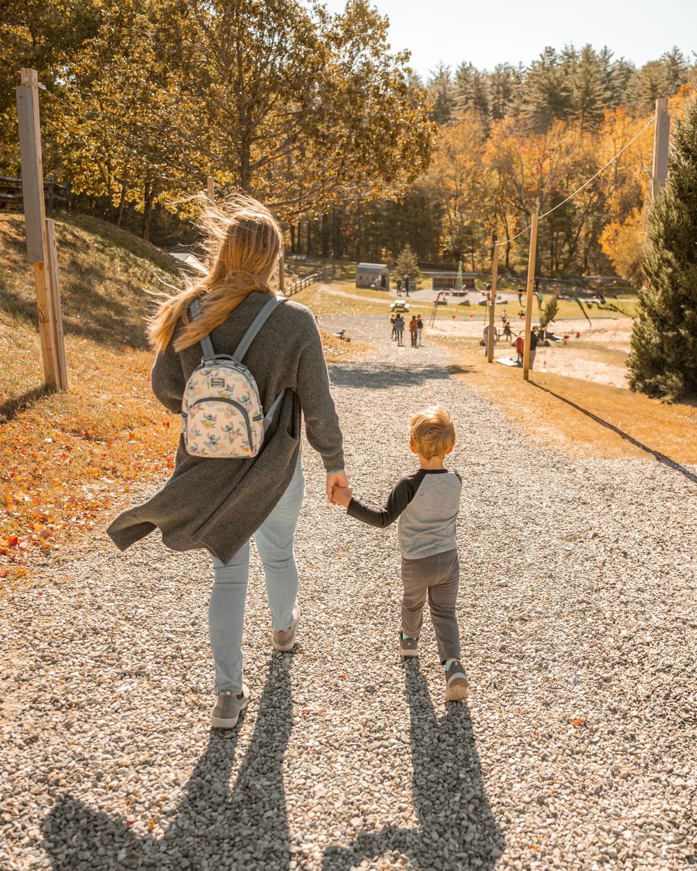 People walking on a gravel path through an autumn park with golden trees casting long shadows on a sunny afternoon.