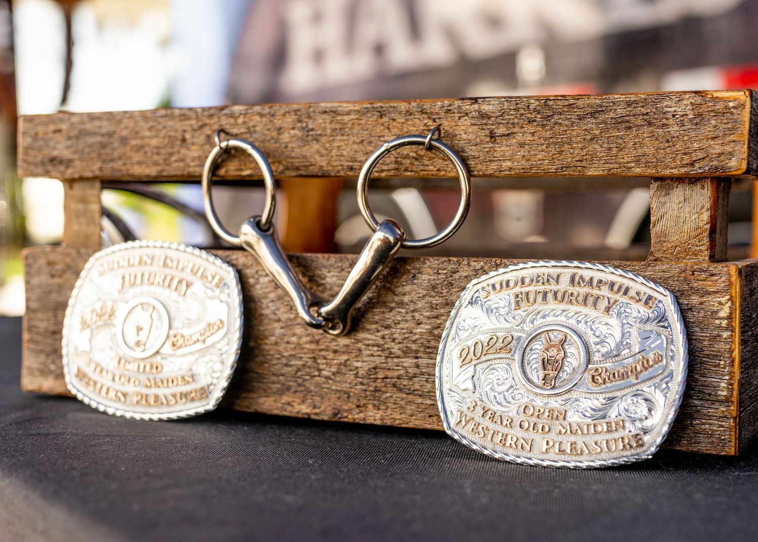 Two vintage-style rodeo belt buckles displayed on rustic wooden board.