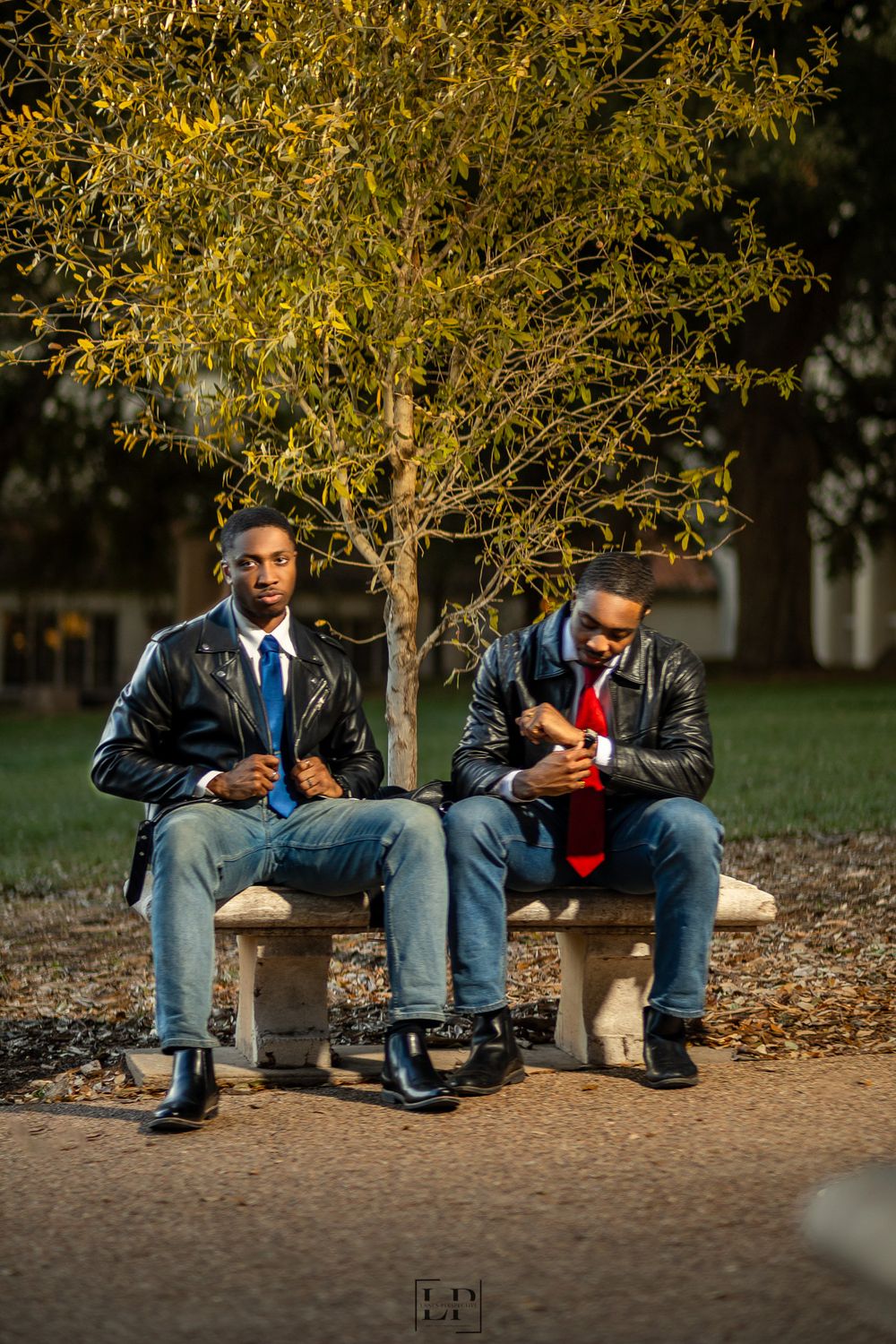 Group sitting casually on outdoor bench under golden autumn trees.