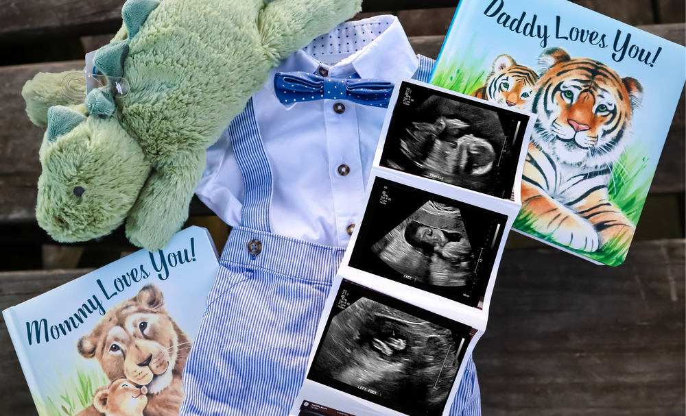 Pregnancy announcement photos arranged on dark wooden surface with ultrasound images and stuffed animals.