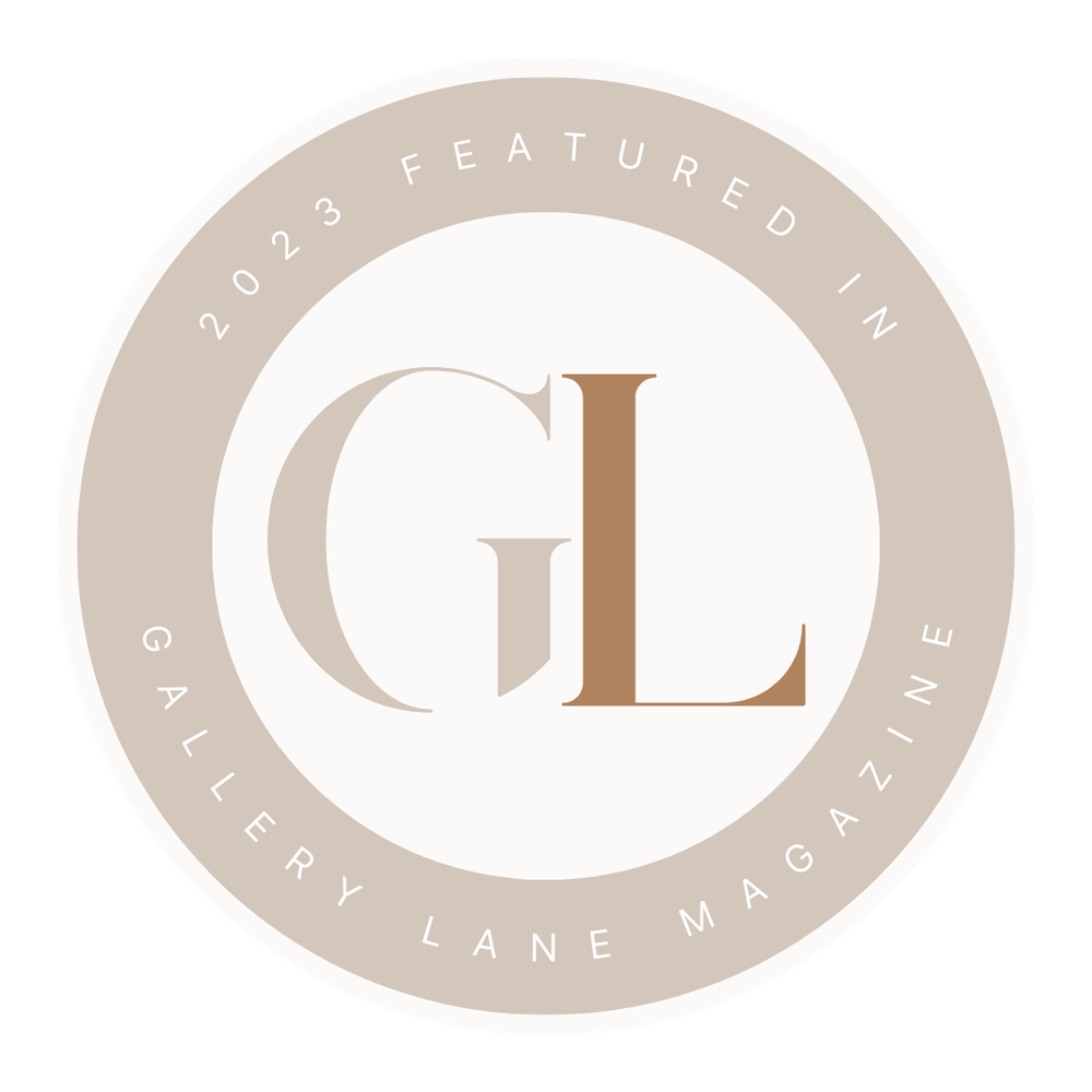 2023 Featured in Gallery Lane Magazine badge with beige circular design and GL monogram logo.
