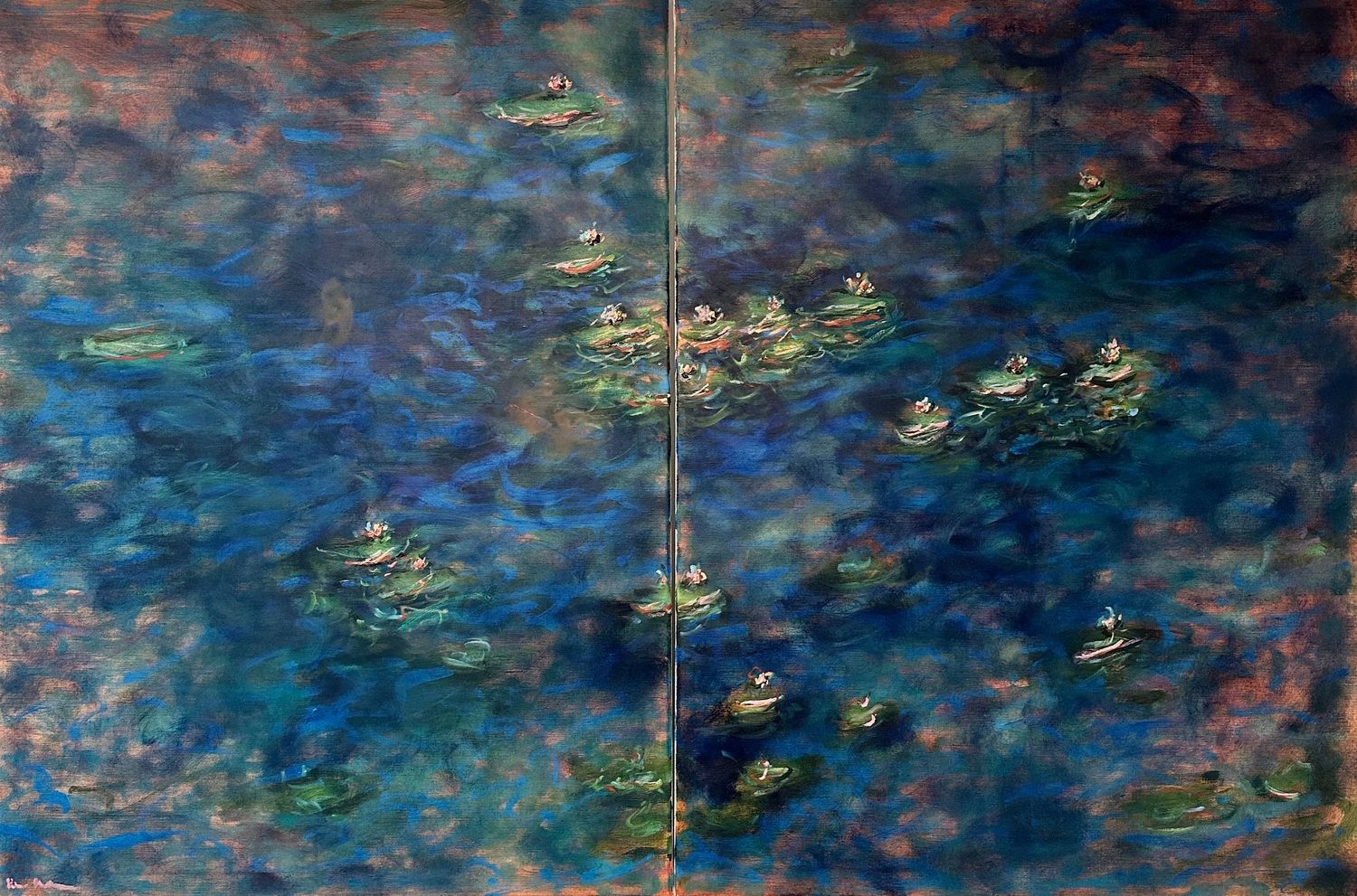A series of abstract paintings in shades of blue and gold depicting water lilies in an impressionist style.