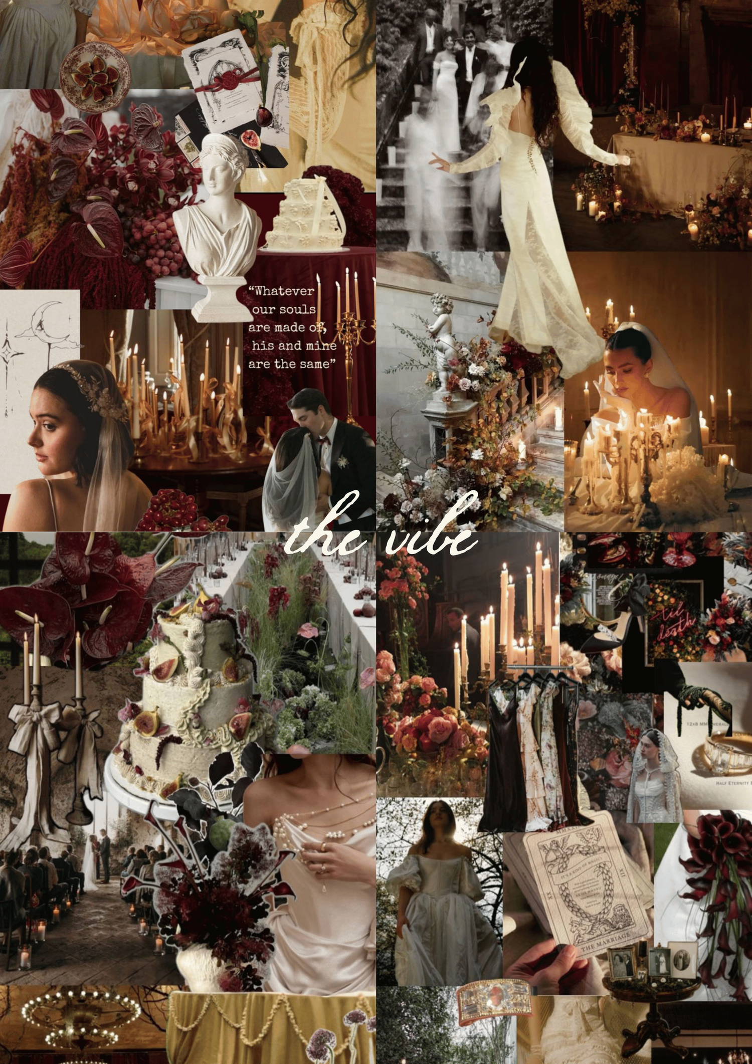A moody vintage-inspired collage featuring candlelit scenes, floral arrangements, and gothic romantic decor in dark tones.