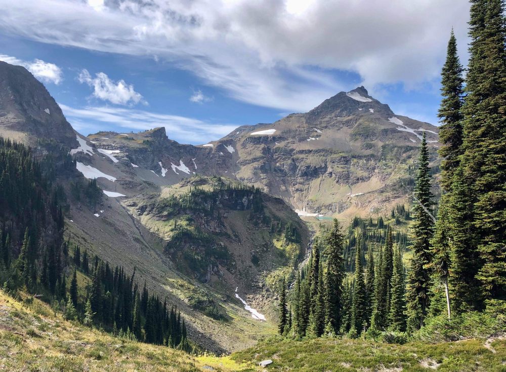 Mount Cartier in Revelstoke, BC is framed by the surrounding mountains and valleys