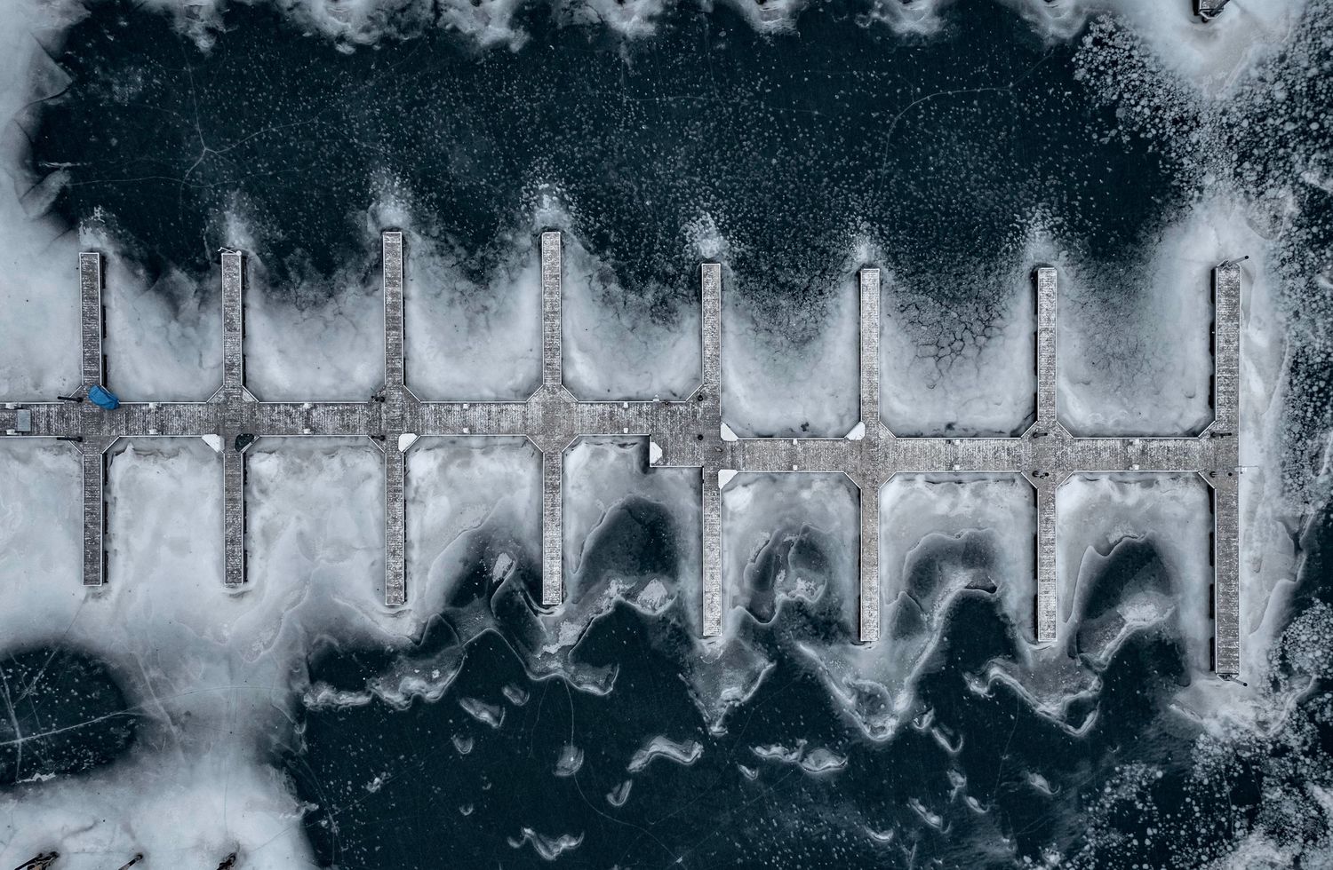 top down marina aerial with ice