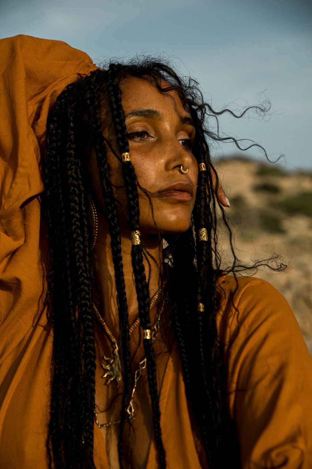 Artistic portrait series in golden light showing long dreadlocks against a desert landscape background.